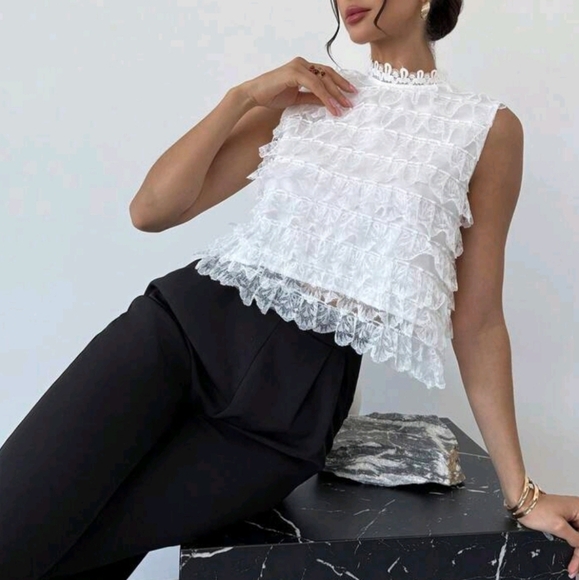 Tops - Elegant Romantic Date Night White Lace Trim Stand Collar Cropped Lace Blouse